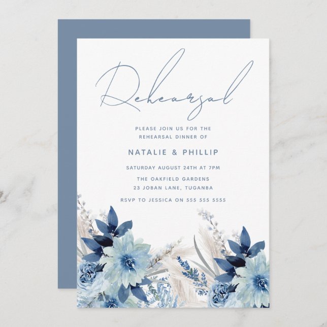 Dusty Blue Florals Wedding Rehearsal Dinner Invitation (Front/Back)