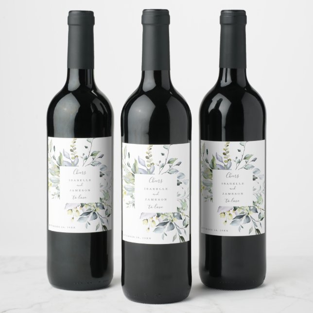 Dusty Blue Florals Wedding Wine Label (Bottles)