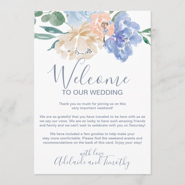 Dusty Blue Florals Welcome Letter & Itinerary Program (Front)