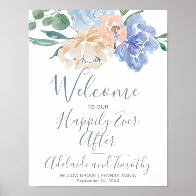 Dusty Blue Florals Welcome Wedding Poster (Front)