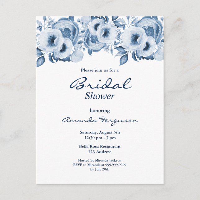 Dusty blue florals white bridal shower invitation postcard (Front)