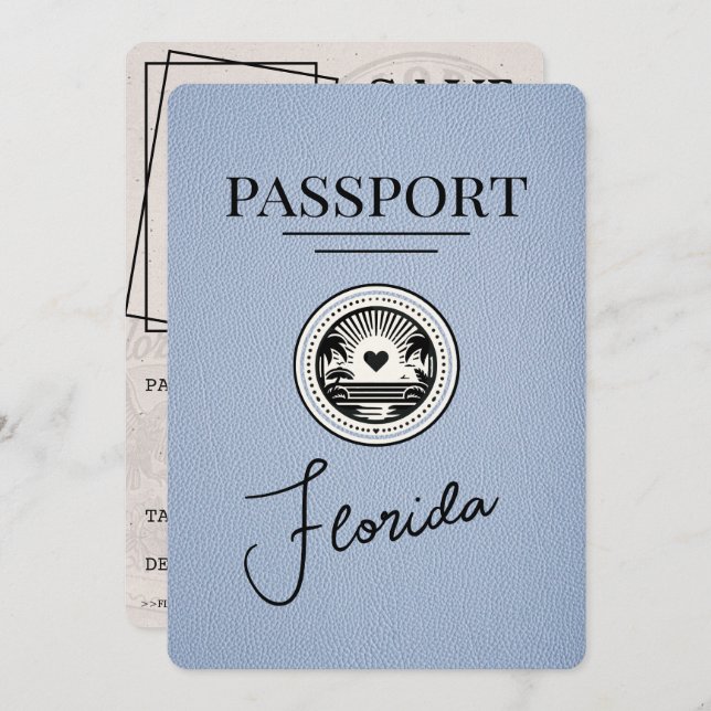 Dusty Blue Florida Passport Save The Date (Front/Back)