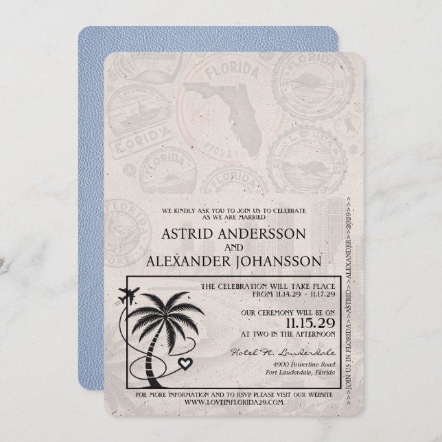 Dusty Blue Florida Passport Wedding Invitation (Front/Back)