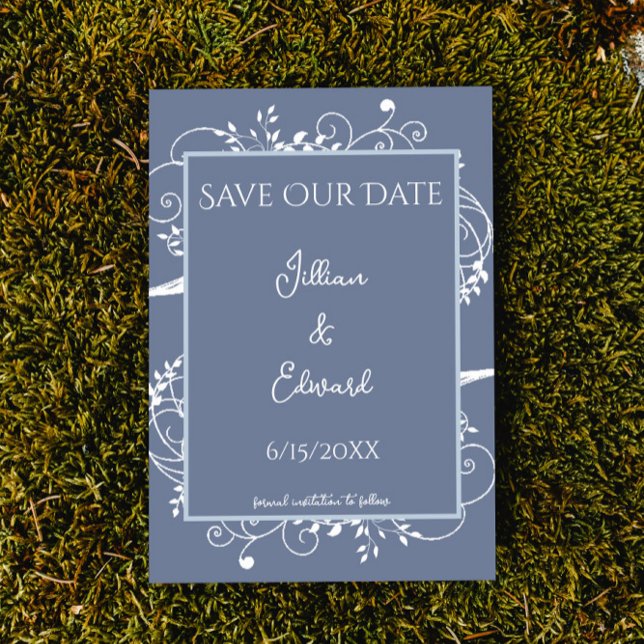 Dusty Blue Flourish Save The Date Announcement (Creator Uploaded)