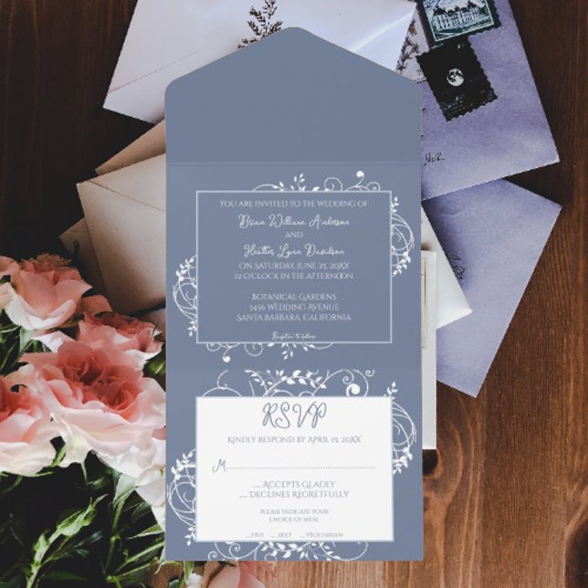 Dusty Blue Flourish Wedding All In One Invitation (Dusty Blue Flourish All in One Wedding Invite)