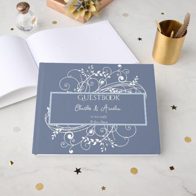 Dusty Blue Flourish Wedding Guest Book (Front Open)