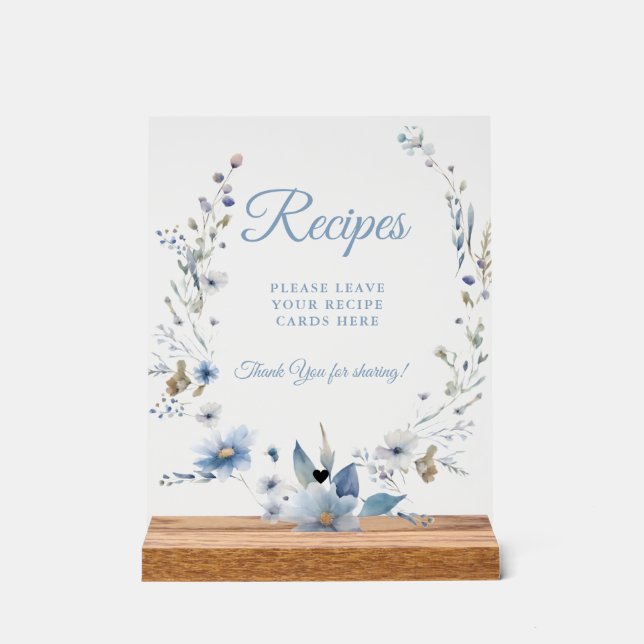 Dusty Blue flower Leave your Recipes Bridal shower Acrylic Sign (Front)
