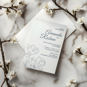 Dusty Blue Flower Outline Wedding  Invitation