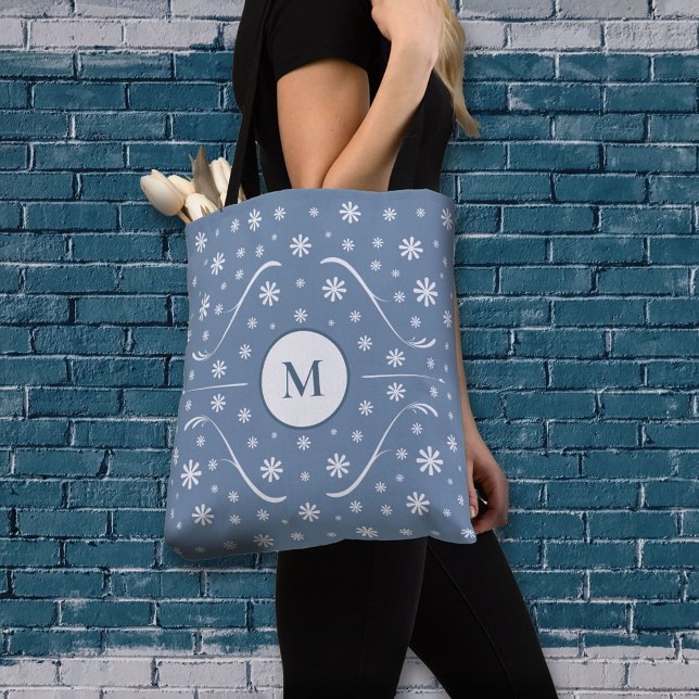 Dusty Blue Flower Power Monogram Tote Bag (Dusty Blue Flower Power Monogram Tote Bag)