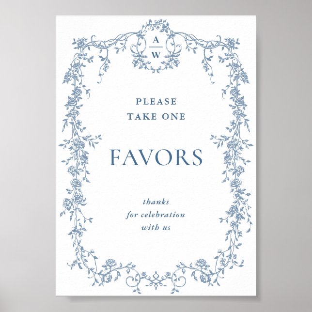Dusty Blue Flower Victorian Favours Wedding Sign (Front)
