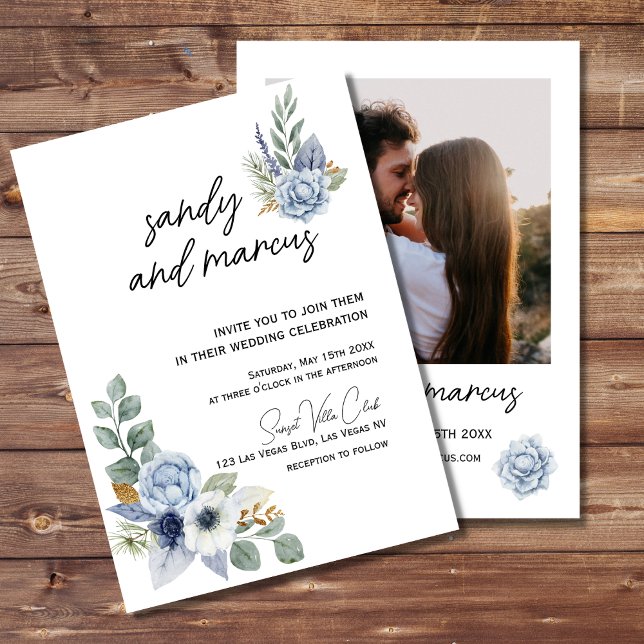Dusty Blue Flower Wedding Photo Invitation (Creator Uploaded)
