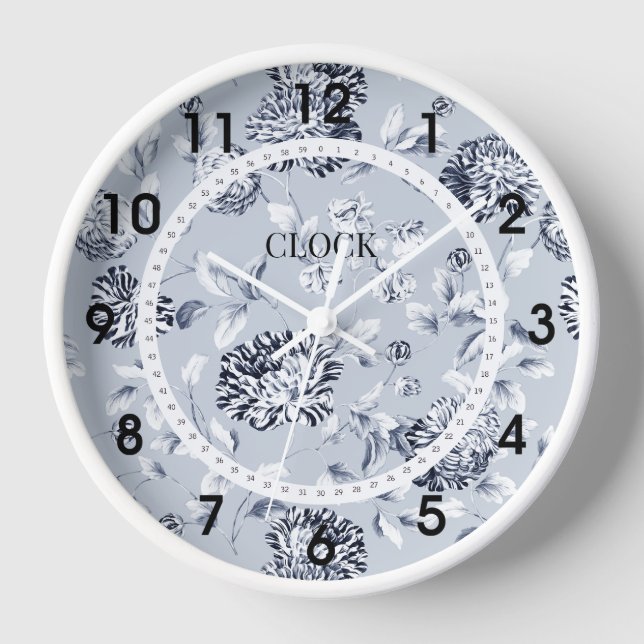 Dusty Blue Flowering White Modern Dial Clock (Front)