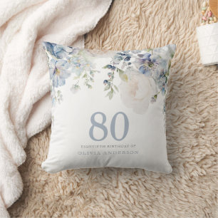 Dusty Blue Flowers 80th Birthday Party Gift Cushion