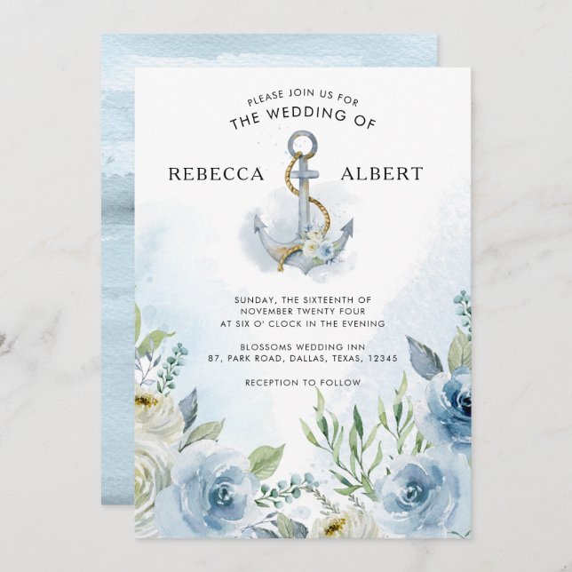 Dusty Blue Flowers Anchor Wedding Invitation (Front/Back)