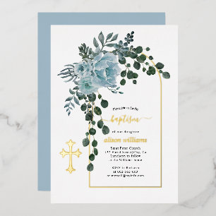 Dusty blue flowers and arch floral baptism gold