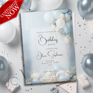 Dusty Blue Flowers and Balloons QR Birthday Invitation