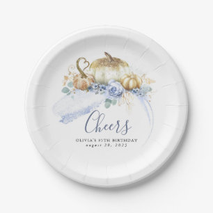 Dusty Blue Flowers and Gold Glitter Pumpkins Fall Paper Plate