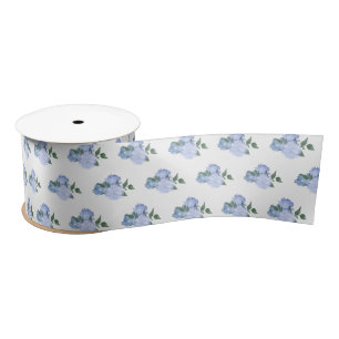Dusty Blue Flowers and Greenery Pattern Satin Ribbon