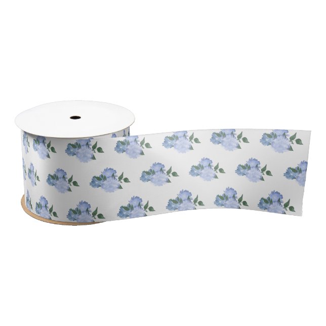 Dusty Blue Flowers and Greenery Pattern Satin Ribbon (Spool)