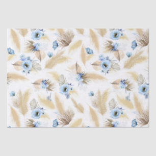 Dusty Blue Flowers and Pampas Grass Exotic Tissue Paper