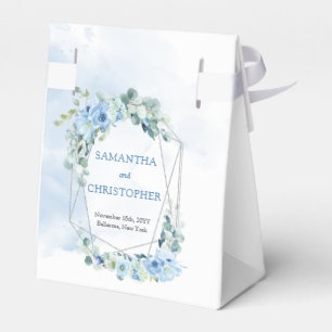 Dusty blue flowers and silver geometric frame favour box