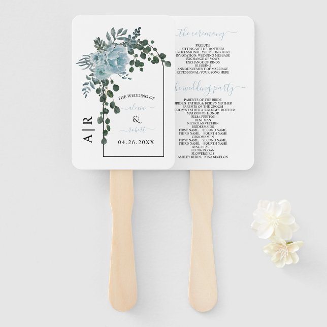 Dusty blue flowers arch, initials wedding program hand fan (Front and Back)