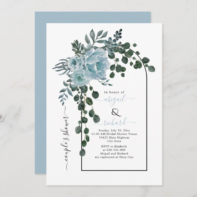 Dusty blue flowers arch wedding couples shower invitation (Front/Back)