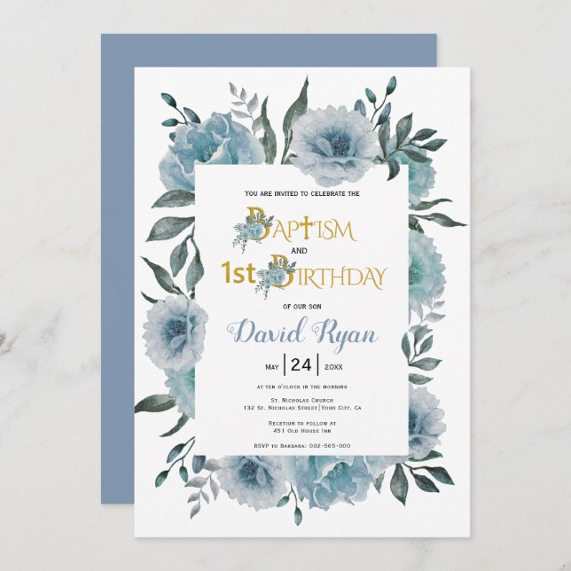 Dusty blue flowers boy baptism and 1st birthday  invitation (Front/Back)