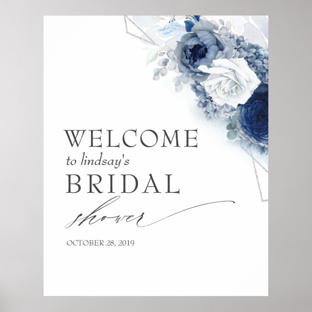 Dusty Blue Flowers Bridal / Baby Shower Welcome Poster (Front)