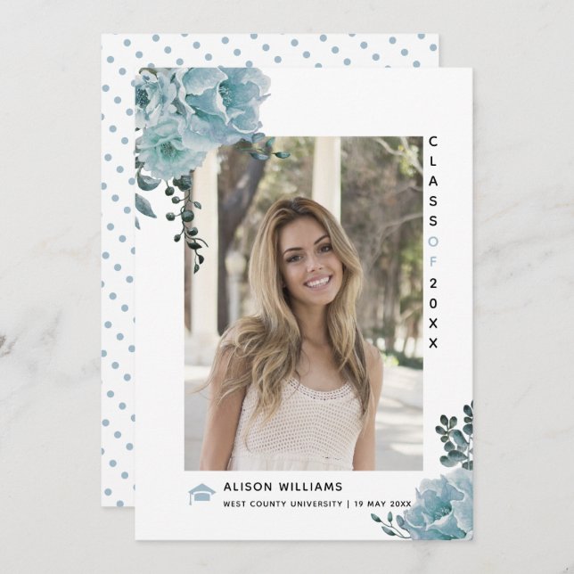 Dusty blue flowers Class of 2025 graduation photo Announcement (Front/Back)