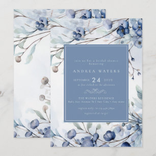 Dusty Blue Flowers Elegant Garden Bridal Shower Invitation