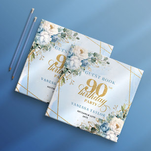 Dusty Blue Flowers Elegant Script 90th Birthday  Guest Book
