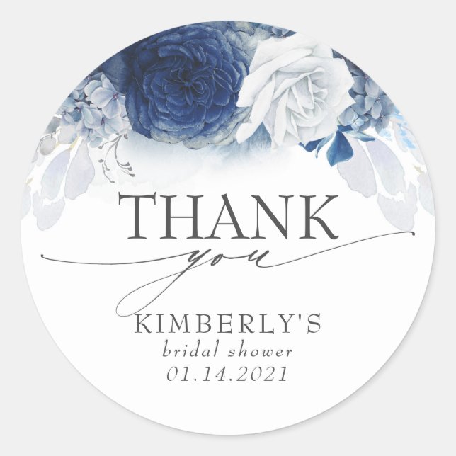 Dusty Blue Flowers Elegant Thank You Classic Round Sticker (Front)
