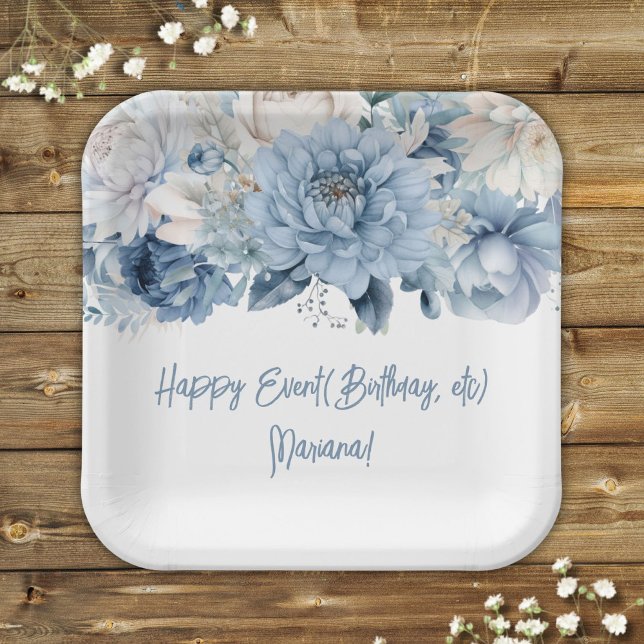 Dusty Blue Flowers Floral Party Paper Plate (Creator Uploaded)