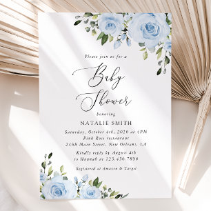 Dusty Blue Flowers, Greenery, Boho, Baby Shower Invitation
