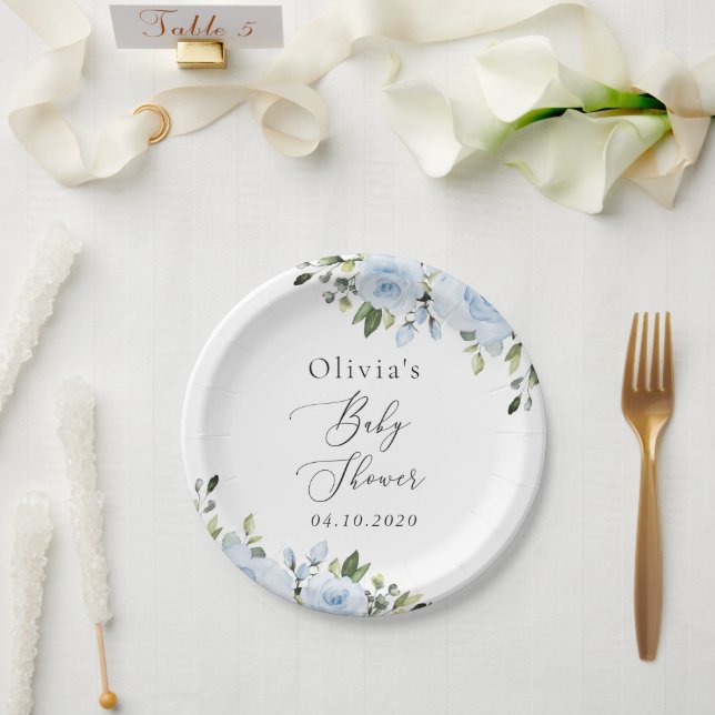 Dusty Blue Flowers, Greenery, Boho, Baby Shower Paper Plate (Wedding)