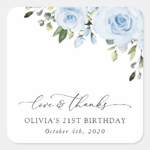 Dusty Blue Flowers, Greenery, Boho, Birthday Square Sticker