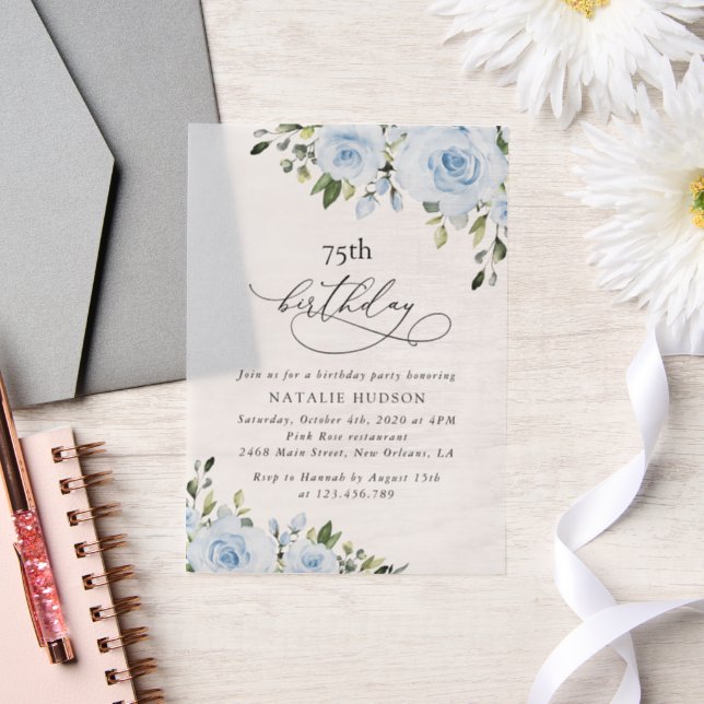 Dusty Blue Flowers, Greenery, Boho, Birthday Vellum Invitations (Wedding)