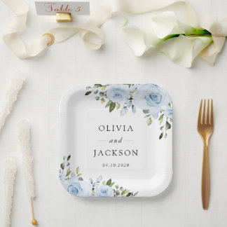 Dusty Blue Flowers, Greenery, Boho, Floral Wedding Paper Plate