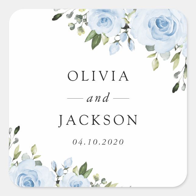 Dusty Blue Flowers, Greenery, Boho, Floral Wedding Square Sticker (Front)