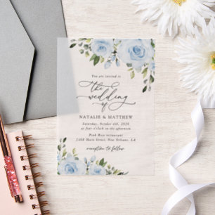 Dusty Blue Flowers, Greenery, Boho, Floral Wedding Vellum Invitations