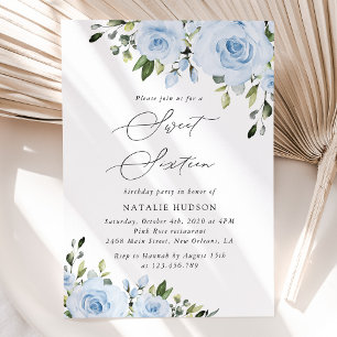 Dusty Blue Flowers, Greenery, Boho, Sweet 16 Invitation