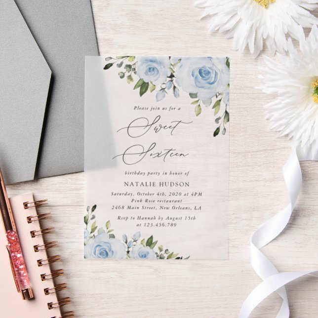 Dusty Blue Flowers, Greenery, Boho, Sweet 16 Vellum Invitations (Wedding)