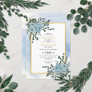 Dusty blue flowers, leaves floral winter wedding invitation