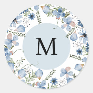 Dusty Blue Flowers Monogram Round Envelope Seal