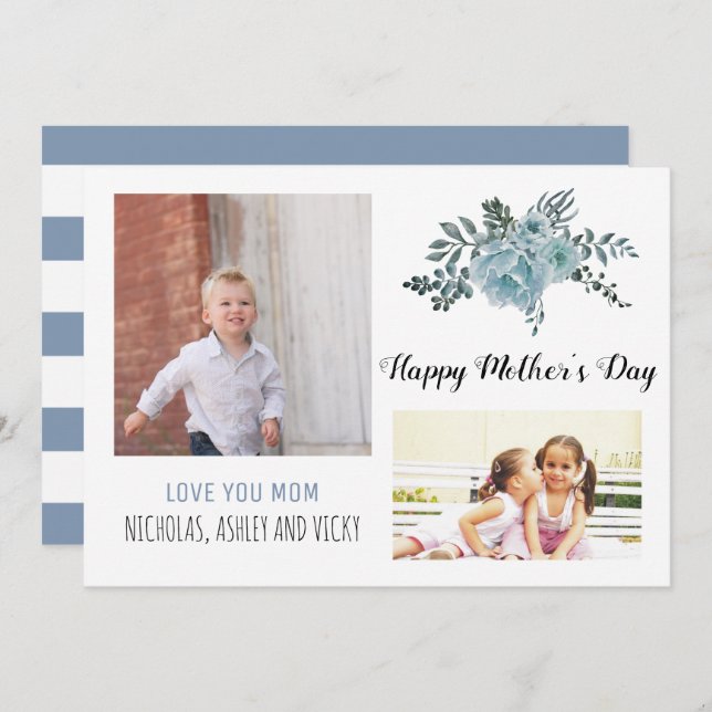 Dusty blue flowers Mother's Day floral photo Card (Front/Back)