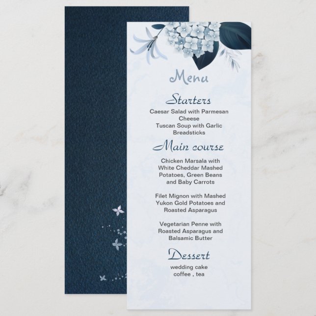 dusty blue flowers navy leaves wedding menu (Front/Back)