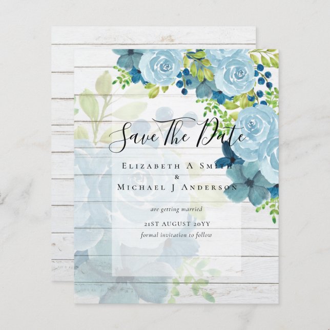 DUSTY BLUE FLOWERS SAVE DATES - BUDGET (Front/Back)