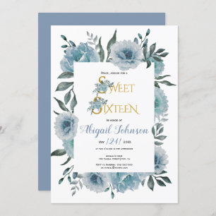 Dusty Blue flowers sweet sixteen birthday Invitation