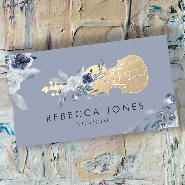 dusty blue flowers violin business card (Creator Uploaded)
